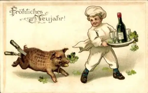Ak Glückwunsch Neujahr, Gebratenes Schwein mit Messern im Schinken, Klee, Koch, Schweinebraten
