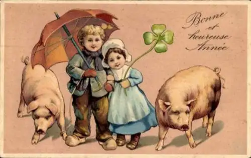 Präge Litho Glückwunsch Neujahr, Kinder, Klee, Schweine