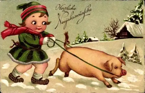 Ak Glückwunsch Neujahr, Mädchen hat ein Schwein an der Leine