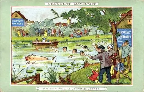 Künstler Ak Chocolat Lombart, Reklame, La Fete au Village, la Course au Cochon