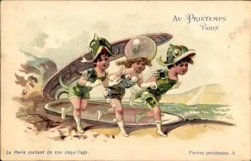 Künstler Ak Au Printemps, La Perle sortant de son coquillage, Mädchen als Fische mit Perlen