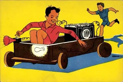 Künstler Ak Junge in einer Seifenkiste, Batterie