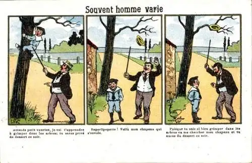 Künstler Ak Junge klettert auf einen Baum, Mann schimpft mit ihm