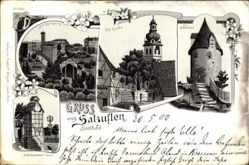 Litho Bad Salzuflen in Lippe, Kurpark, Kirche, Katzenturm, Schliepsteiner Tor