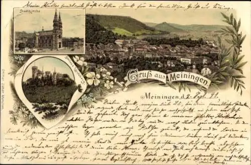 Litho Meiningen in Thüringen, Stadtkirche, Schloss Landsburg, Panorama