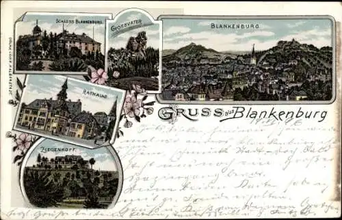 Litho Blankenburg am Harz, Ziegenkopf, Schloss Blankenburg, Rathaus, Großvater