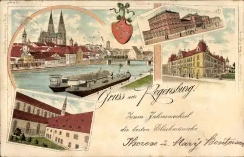 Litho Regensburg an der Donau Oberpfalz, Teilansicht, Gymnasium, Bahnhof