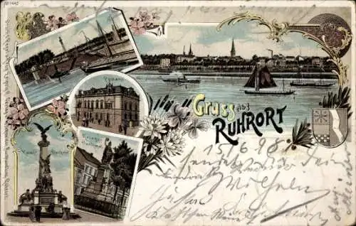 Litho Ruhrort Duisburg im Ruhrgebiet, Panorama, Post, Kriegerdenkmal, Kaiserdenkmal