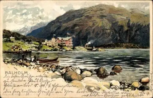 Litho Balholm Sogn Norwegen, Uferpartie mit Bergen und Boot