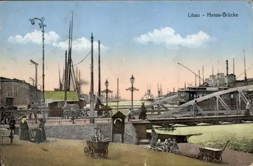 Ak Liepaja Libau Lettland, Hansabrücke, Straßenbahn