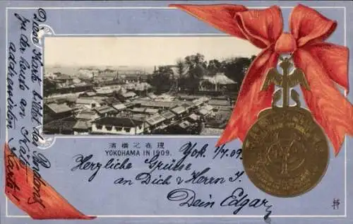 Ak Yokohama Präf. Kanagawa Japan, Gesamtansicht, Medaille, Jahr 1909