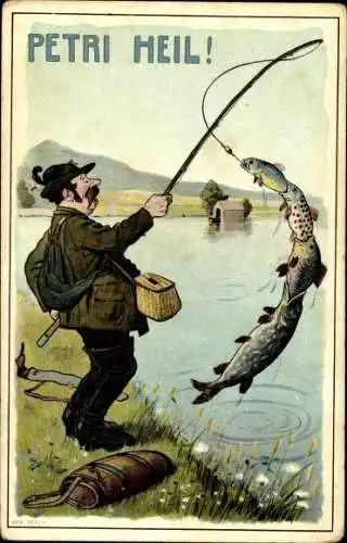 Ak Petri Heil, Angler mit Fischen am Haken