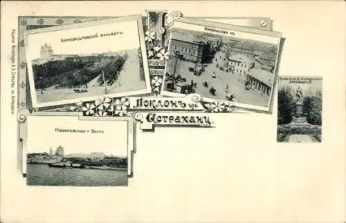 Ak Astrachan Russland, Alexandrowski-Boulevard, Wolga, Denkmal