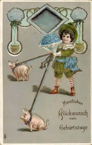 Ak Glückwunsch Geburtstag, Kind, Blumen, Schweine