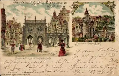 Litho Berlin, Gewerbeausstellung 1896, Spandauer Straße, Gerichtslaube, Spandauer Tor, Brücke