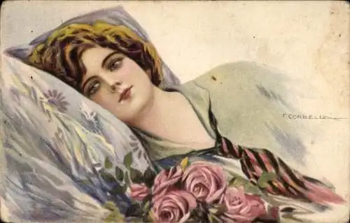 Künstler Ak Corbella, T., Portrait einer jungen Frau, Rosen