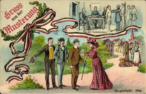 Ak Gruß von der Musterung, Vor der Kommission, Rekruten, Frauen