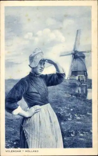 Ak Volendam Nordholland Niederlande, Niederländische Tracht, Windmühle