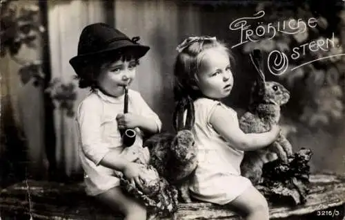 Ak Glückwunsch Ostern, Kinder, Osterhasen, Rauchendes Kind