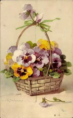 Künstler Ak Klein, Catharina, Blumenkorb, Stiefmütterchen
