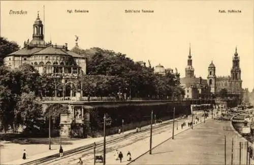 Ak Dresden Altstadt, königliches Belvedere, Brühl'sche Terrasse, katholische Hofkirche