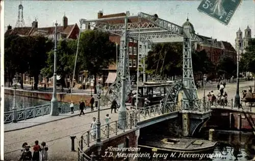 Ak Amsterdam Nordholland Niederlande, JD Meyerplein, Brücke N. Heerengracht, Straßenbahn