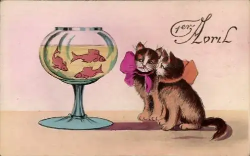Ak Glückwunsch 1. April, Katzen beobachten Fische im Aquarium