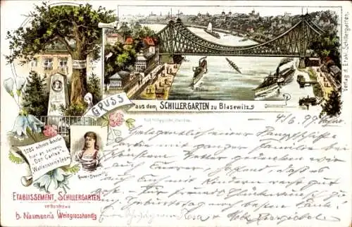 Litho Dresden Blasewitz, Stadt, Brücke, Schillergarten, Denkmal