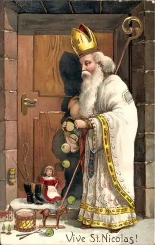 Präge Ak Glückwunsch Sankt Nikolaus, Geschenke, Puppe, Trommel, Früchte