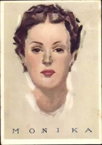 Ak Monika, Gemaltes Portrait, Braune Haare, Rote Lippen