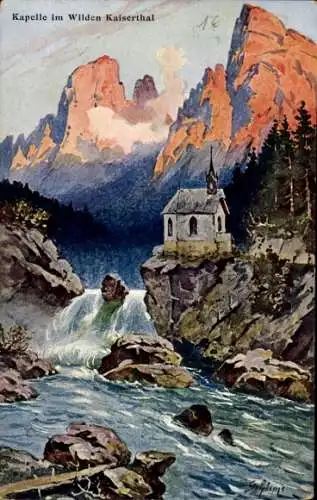 Künstler Ak Kapelle im Wilden Kaiserthal, Berge