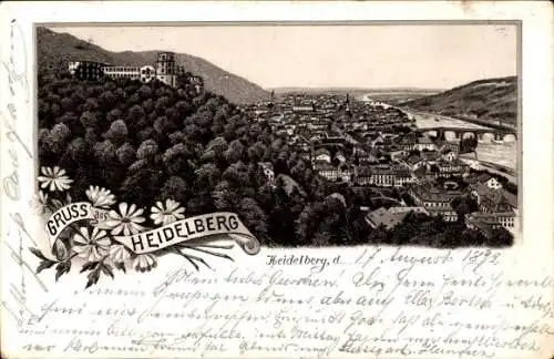 Vorläufer Litho Heidelberg am Neckar, Blick auf den Ort mit Umgebung