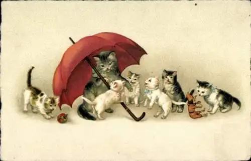 Ak Katzen, Katzenmutter unter rotem Schirm mit sechs Katzenkindern
