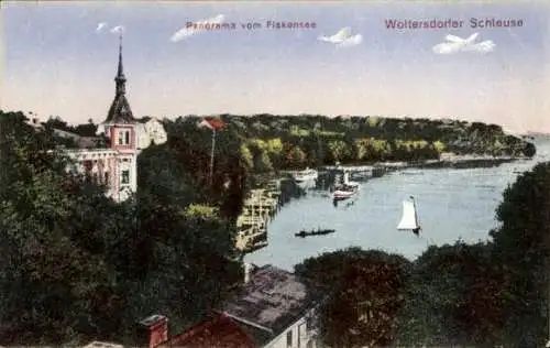 Ak Woltersdorf bei Berlin, Panorama vom Flakensee, Hotel Cafe Ruhwald