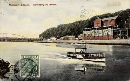 Ak Mülheim an der Ruhr, Kahlenberg, Dampfschiff, Brücke