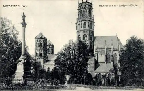 Ak Münster in Westfalen, Mariensäule, Ludgeri-Kirche