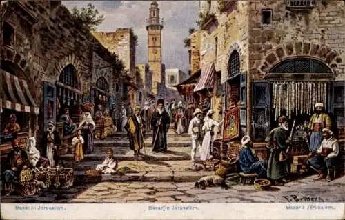 Künstler Ak Perlberg, F., Basar in Jerusalem, Minarett