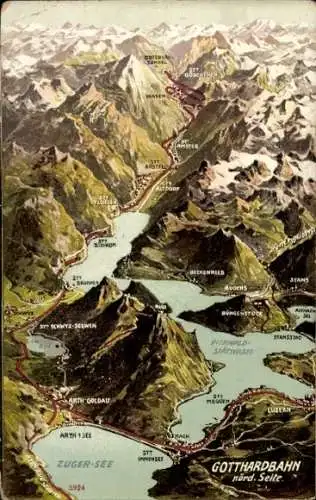 Landkarten Ak Kanton Tessin, Gotthardbahn, Zuger See, Vierwaldstättersee