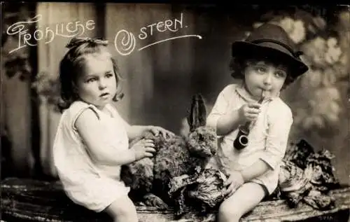 Ak Glückwunsch Ostern, Kinder, Osterhasen, Rauchendes Kind