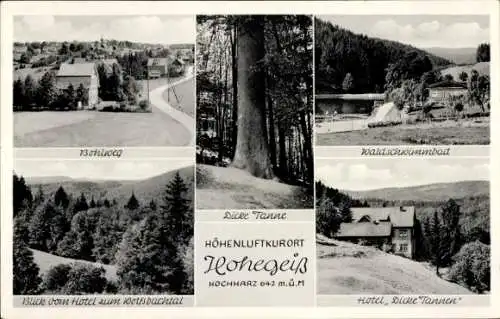 Ak Hohegeiß Braunlage im Oberharz, Bohlweg, Waldschwimmbad, Hotel "Dicke Tannen", Wolfsbachtal