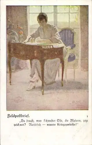 Künstler Ak Wennerberg, Bruno, Feldpostbrief, Frau beim Schreiben, neunte Kriegsanleihe