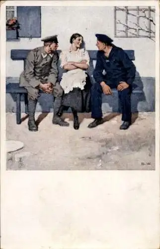 Künstler Ak Wennerberg, Bruno, Geplänkel, Frau mit Soldat und Seemann auf einer Bank