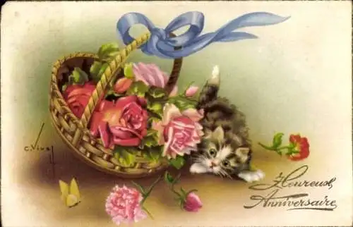 Künstler Ak Glückwunsch, Hauskatze, Katze, Blumenkorb, Rosen, Schmetterling