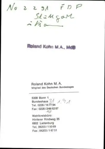 Ak Politiker Roland Kohn, FDP, Autogramm