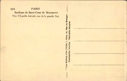 Ak Paris XVIII. Montmartre, Basilika Sacré-Coeur, Seitenkapelle