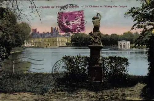 Ak Fontainebleau Seine et Marne, Schloss, Karpfenteich, Statue