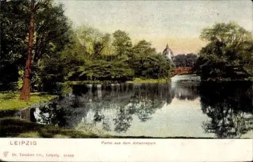 Ak Leipzig in Sachsen, Partie im Johannapark mit Blick auf einen Teich, Brücke