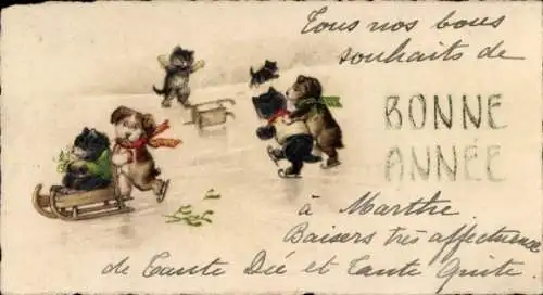 Ak Glückwunsch Neujahr, Vermenschlichte Tiere, Eislauf, Schlitten, Katzen, Hund