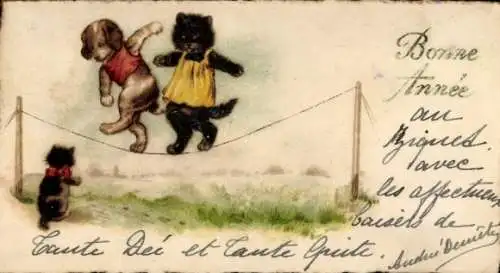 Ak Glückwunsch Neujahr, Vermenschlichte Tiere, Seillauf, Katzen, Hund