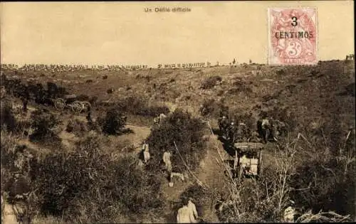 Ak Marokko,  Französische Truppen, Konvoi, ein Schwieriges Stück, Feldzug 1907-1911